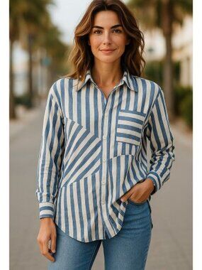STUDIO 1886 Blue White Asymmetrical Striped Tunic Blouse Ladies L 12 14